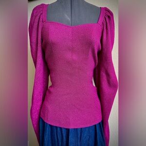 Hot Pink Sparkle Puff Sleeve Ribbed Long Sleeve Blouse Knit Top XXL Sophia Jeans